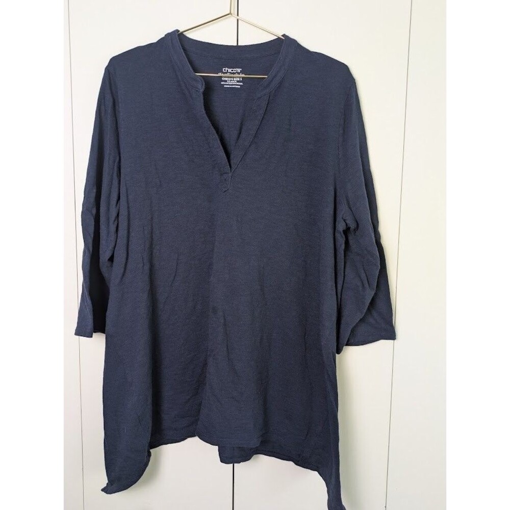 Chicos The Ultimate Tee Women's XL, 3 3/4 Sleeve Split V-Neck Top Blue